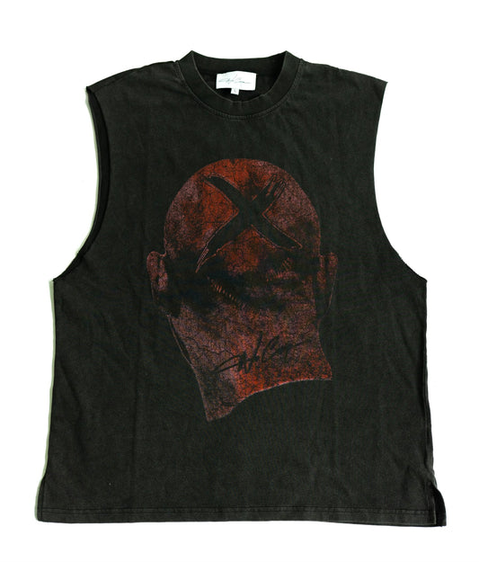 “X head” cut off tee Red+Charcoal